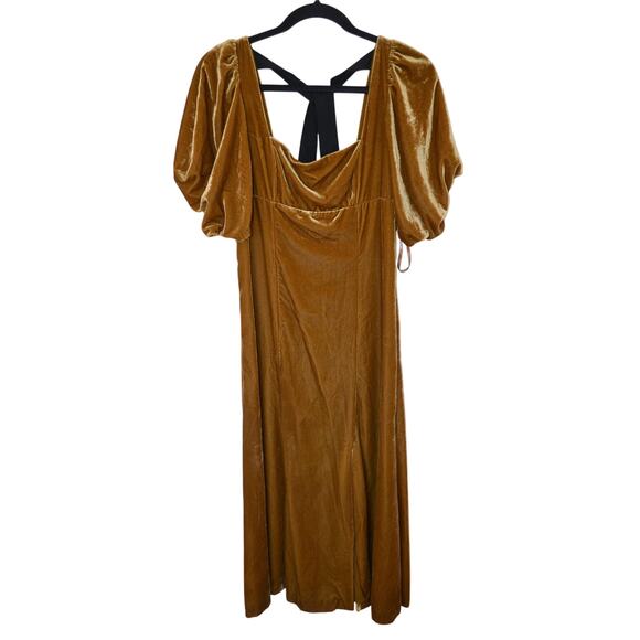 By Anthropologie Short-Sleeve Square-Neck Velvet Midi Dress Golden Mustard XS - Picture 2 of 5